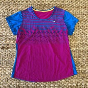 New Balance Women’s Workout Shirt Size L Purple Blue T-Shirt Short Sleeve Neon